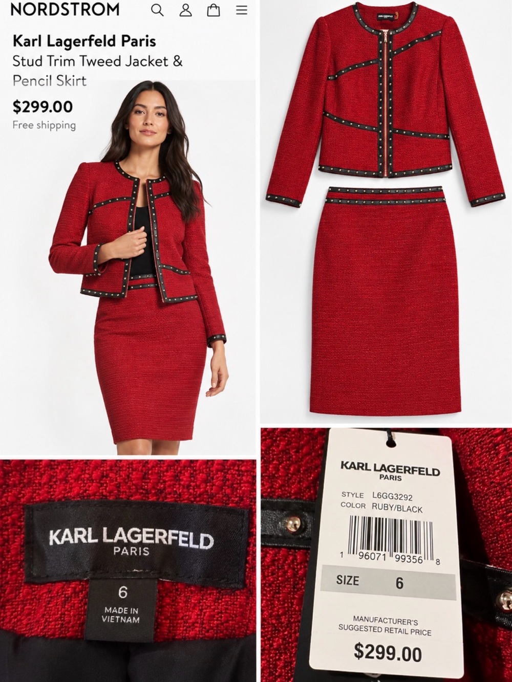 Karl Lagerfeld Ruby and Black Tweed Pencil Skirt